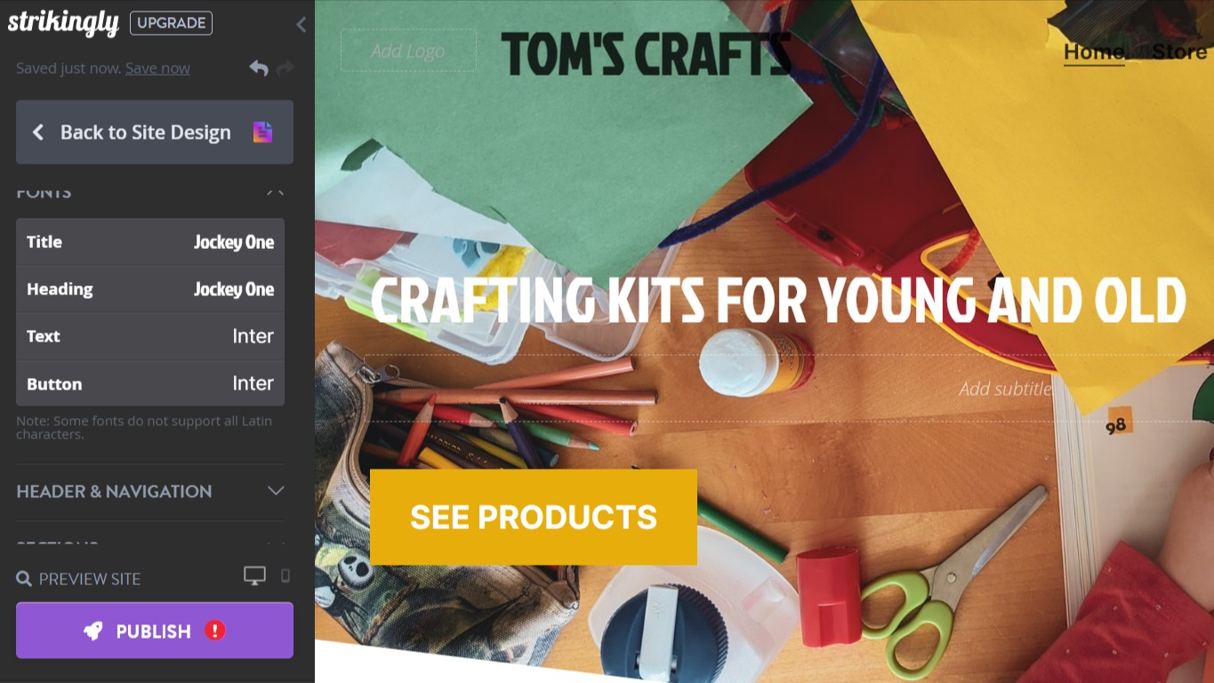Crafting website being built within Strikingly interface