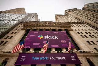 Slack announcing its public offering in New York
