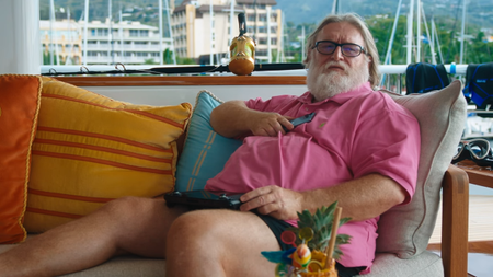 Gabe Newell in a Valve promotional video, on a yacht.