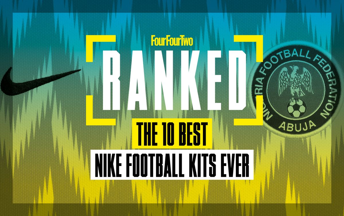  A graphic of FourFourTwo&#039;s ranking of the 10 best Nike football kits ever, with a Nigeria jersey placed in the background