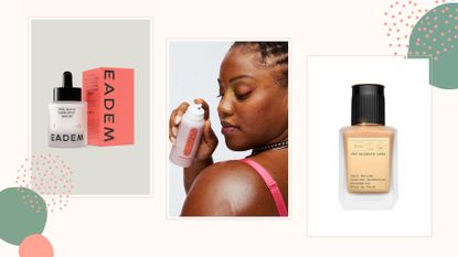 Three side-by-side images of Black-owned beauty and skincare brands from Eadem, Topicals, and Pat McGrath Labs.