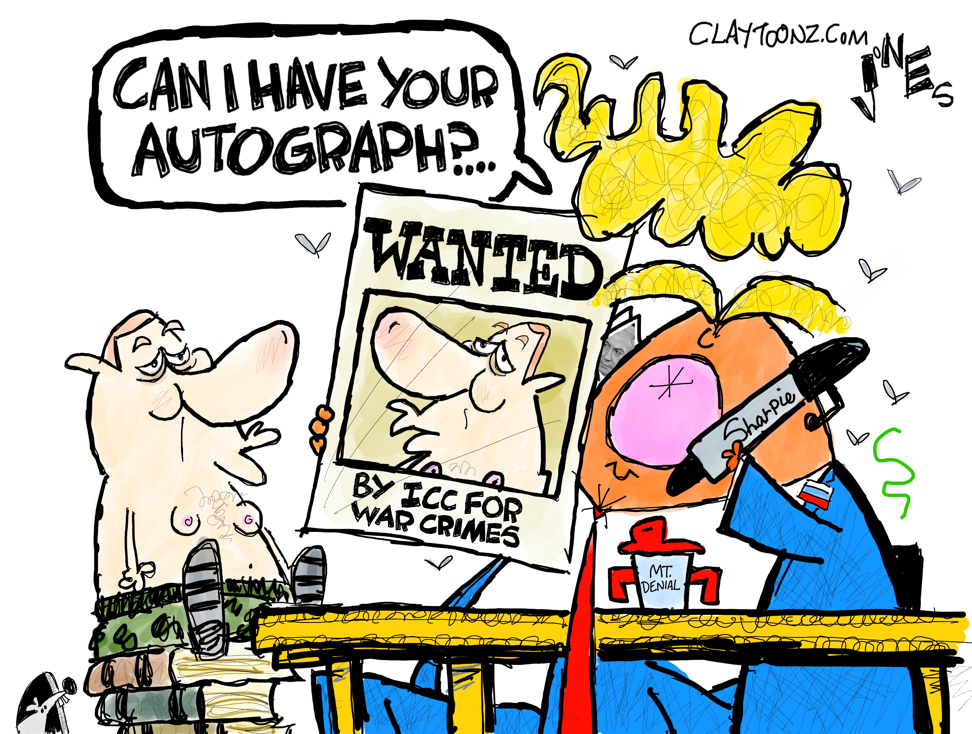 This cartoon depicts a shirtless Vladimir Putin meeting with Donald Trump. Trump holds a Sharpie and a poster of Putin that reads “Wanted: By ICC for War Crimes” Trump says, “Can I have your autograph?”