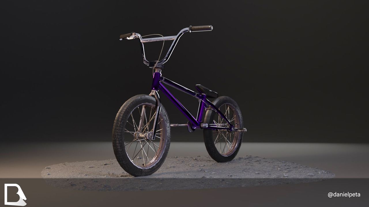 A 3D render of a BMX bike on a black background