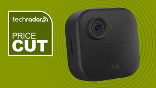 Blink Outdoor 4 security camera on green background with white text reading 'TechRadar Price Cut'