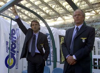 1 Nov 2000: Lazio coach Sven-Goran Eriksson (right) and Roberto Mancini look on during the Lazio v Brescia Serie A match played at the Stadio Olimpico in Rome. Mandatory Credit: Grazia Neri/ALLSPORT