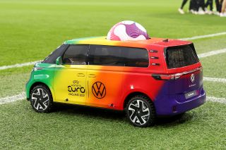 Volkswagen's Tiny Buzz car with the match ball ahead of England versus Austria at the women's Euro 2022 in Manchester in July 2022.