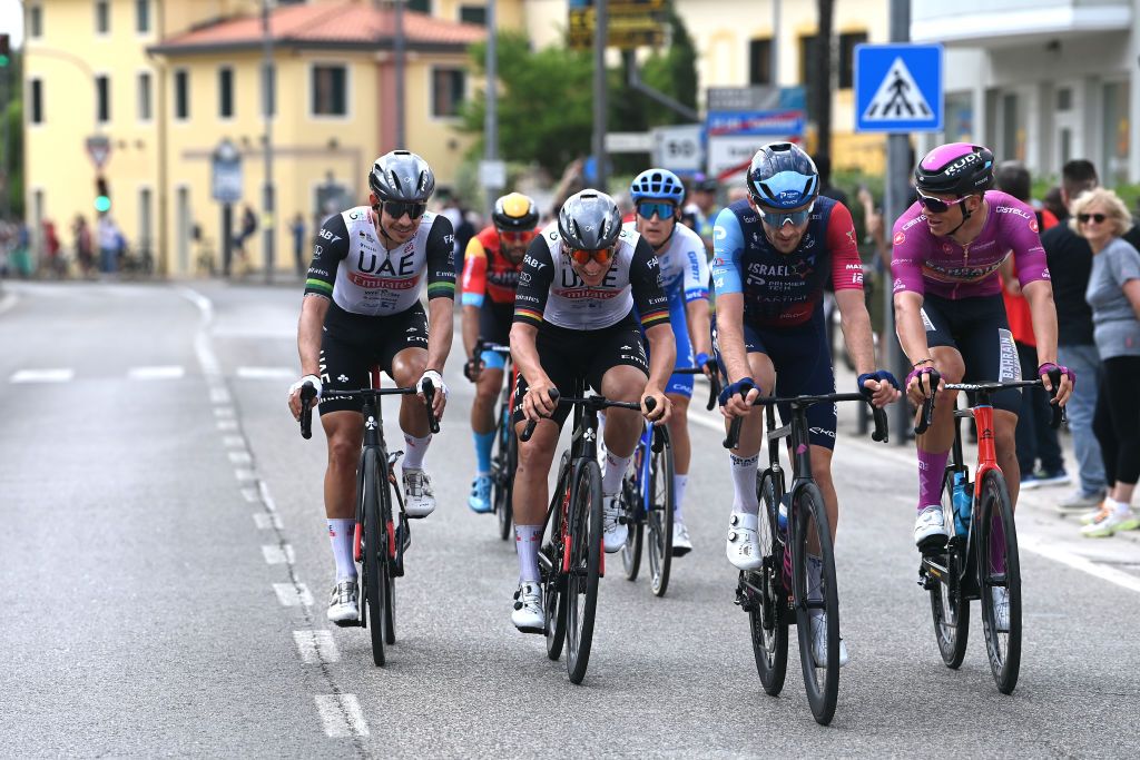 CAORLE ITALY MAY 24 LR Ryan Gibbons of South Africa Pascal Ackermann of Germany and UAE Team Emirates Derek Gee of Canada and Team Israel Premier Tech and Jonathan Milan of Italy and Team Bahrain Victorious Purple Points Jersey compete during the the 106th Giro dItalia 2023 Stage 17 a 197km stage from Pergine Valsugana to Caorle UCIWT on May 24 2023 in Caorle Italy Photo by Tim de WaeleGetty Images