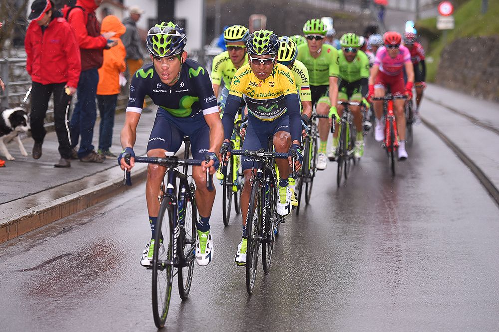 Movistar shelters race leader Nairo Quintana during stage 4 at Tour de Romandie