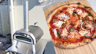 A split image with the Ooni Karu 2 on the left and a cooked pizza on the right
