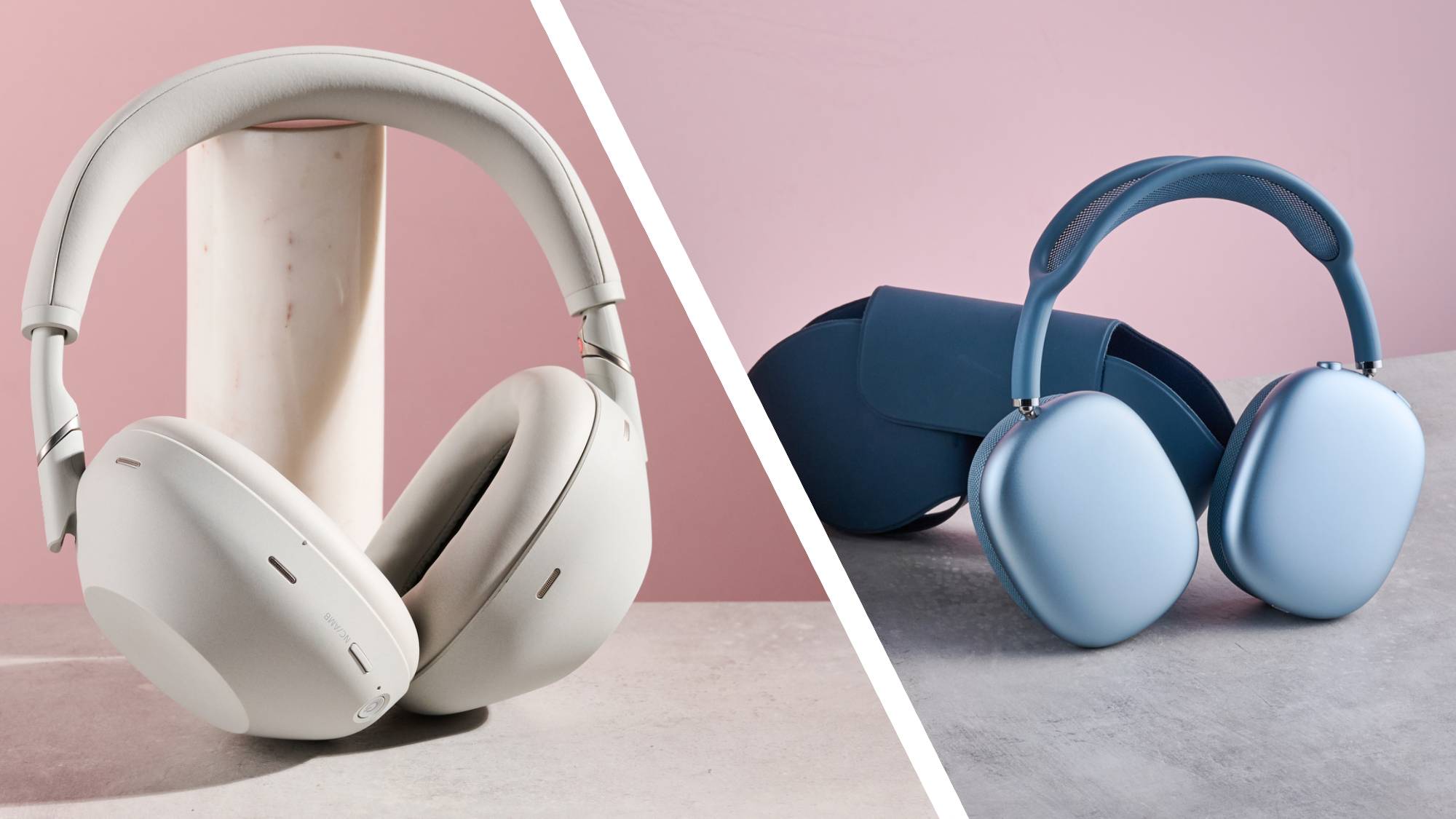 Sony WH-1000XM6 en blanco junto a los AirPods Max 2 en azul