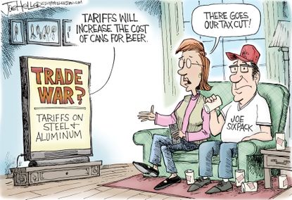 Political cartoon U.S. trade war steel tariffs Trump tax cut