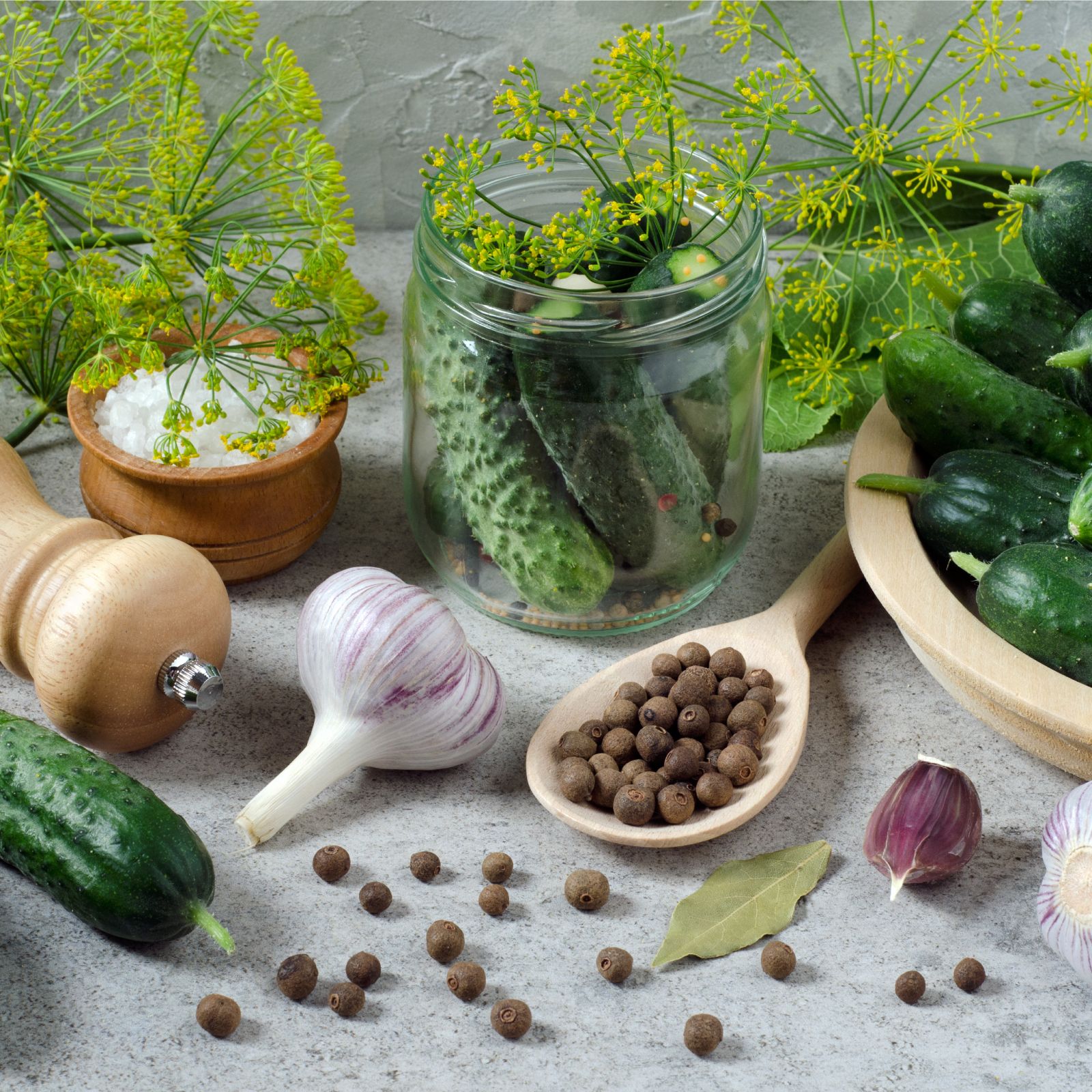 Herbs and spices for pickling on a counter