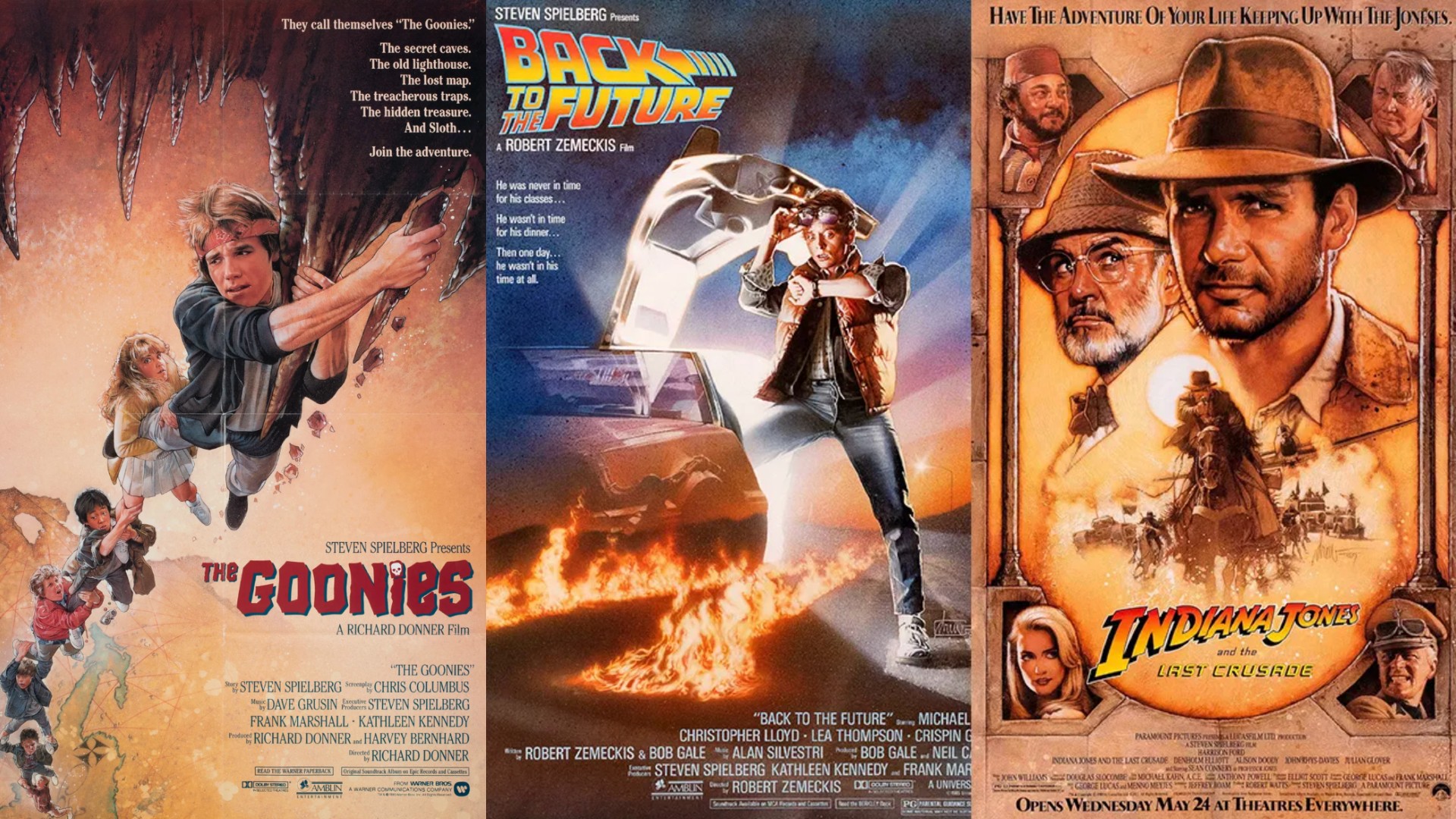 Drew Struzan posters for the films The Goonies, Back to the Future and Indiana Jones