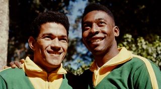 Garrincha embraces Pele of Brazil during the West Germany World Cup 1974. Germany (Photo by Alessandro Sabattini/Getty Images)
