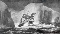 A print of a ship with torn sails on a turbulent sea sailing between giant icebergs.