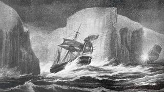 A print of a ship with torn sails on a turbulent sea sailing between giant icebergs.