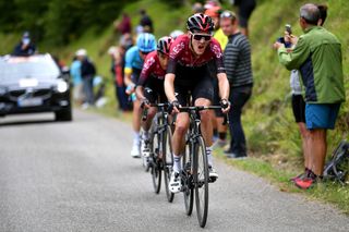 Pavel Sivakov with Egan Bernal tucked in behind during the third stage, which Bernal won, of the La Route d'Occitanie in 2020