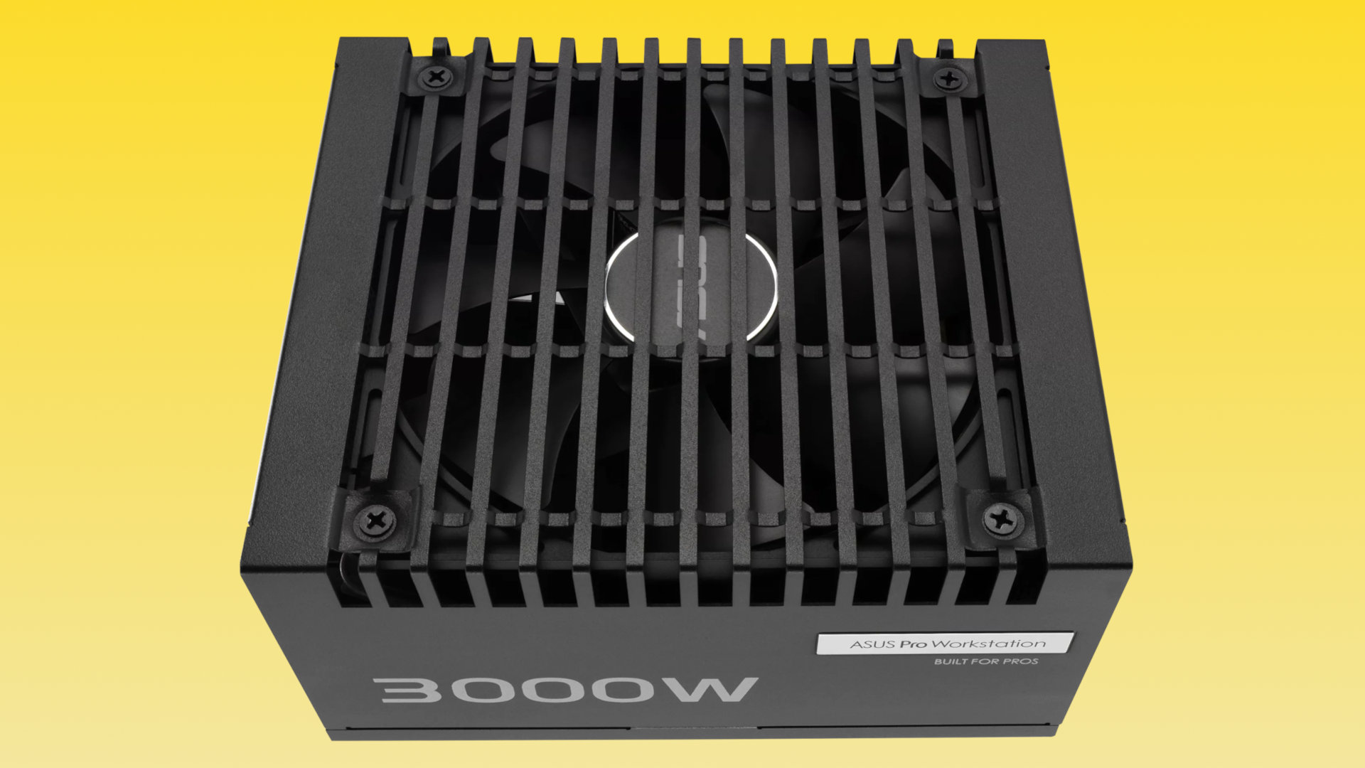 An image of an Asus Pro WS 3000W Platinum PSU against a gold/yellow gradient background.