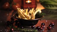 Air fried fries with olives and rosemary