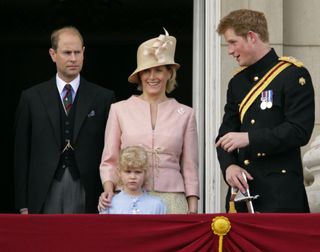 HRH Prince Edward, The Earl of Wessex, Lady Louise Windsor, HRH Sophie Countess of Wessex and HRH Prince Harry on the balcony of Buckingham Palace during the annual event of the Queens Colour of First Battalion Grenadier Guards as they are trooped to mark her official brithday on June 13, 2009 in London, England