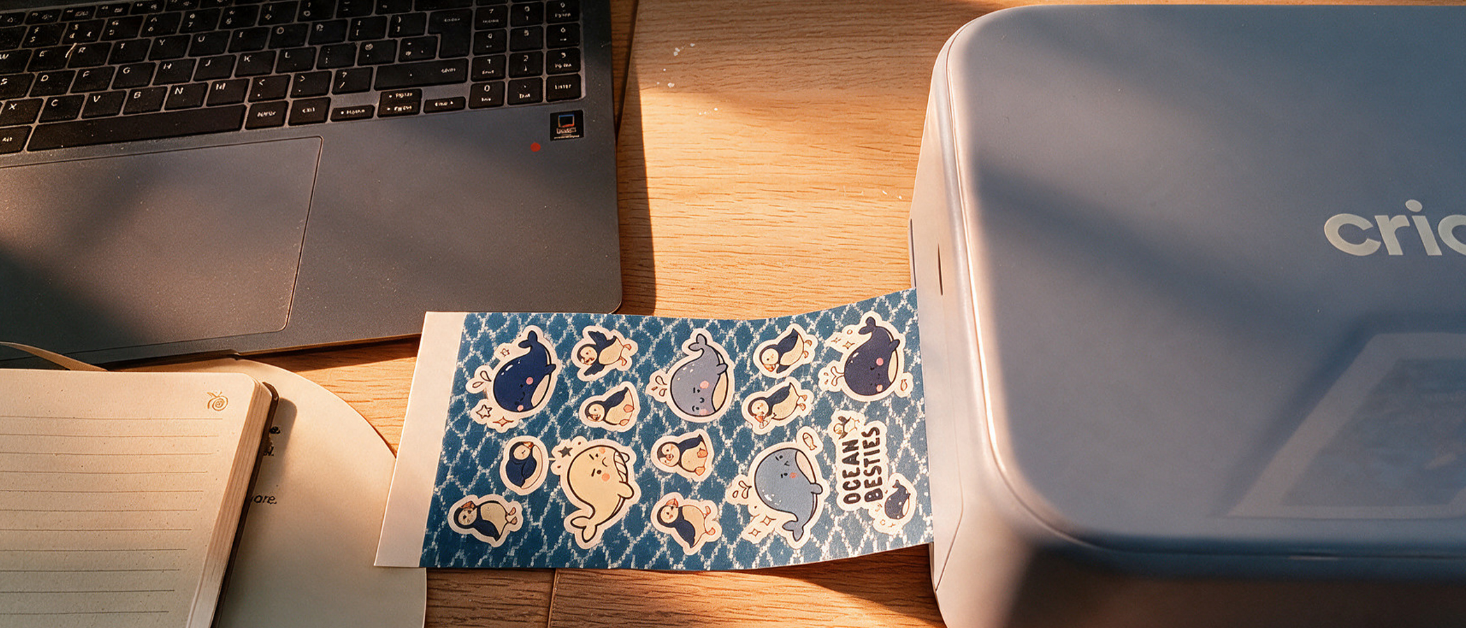 Photos of a sticker maker on a desk
