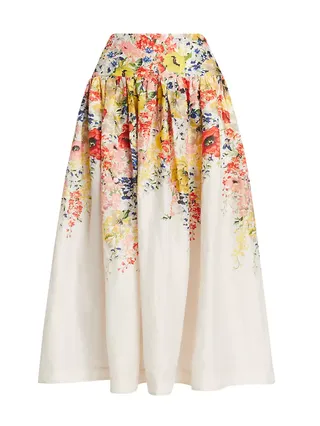 Alight Basque Floral Linen Midi-Skirt