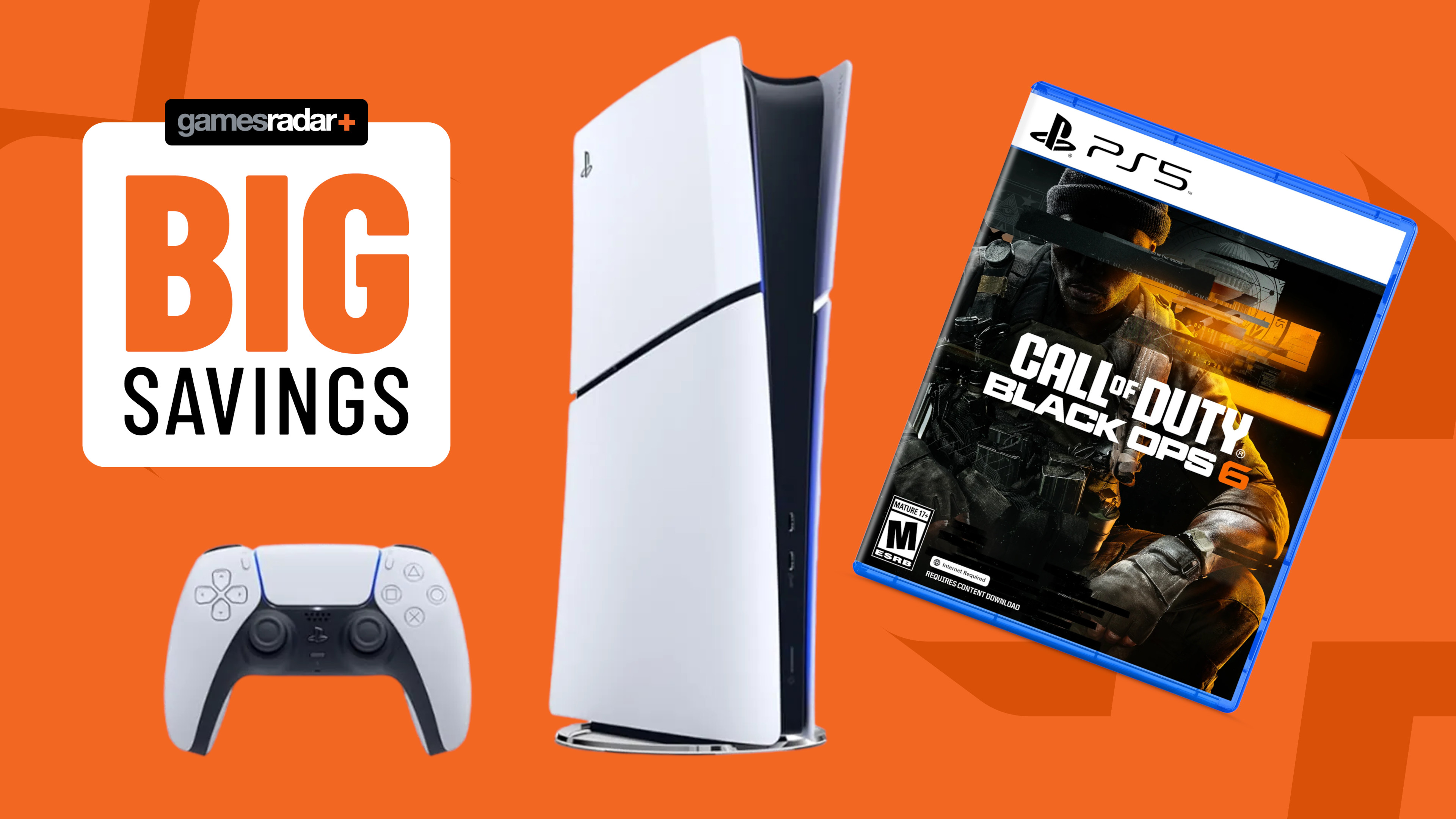 PS5 Slim with Call of Duty Black Ops 6 game on an orange background with big savings badge