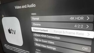 User screen of AppleTV 4K showing the follow frame rate option