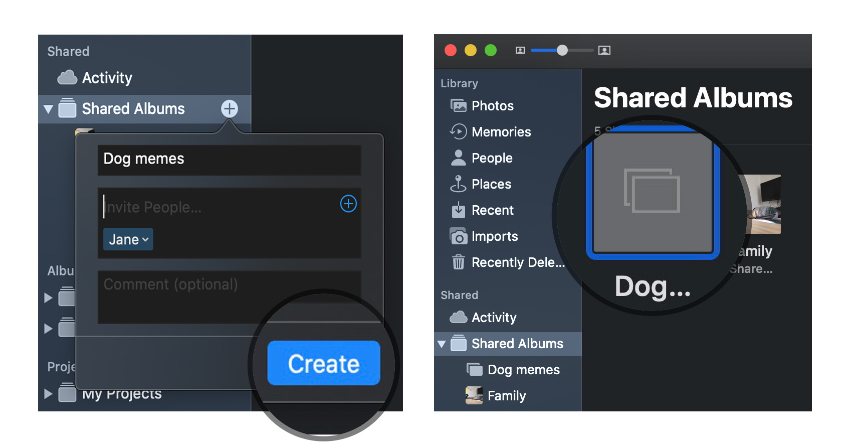 Create a Shared Photo Album on macOS by showing steps: Click create, double click on new Shared Album