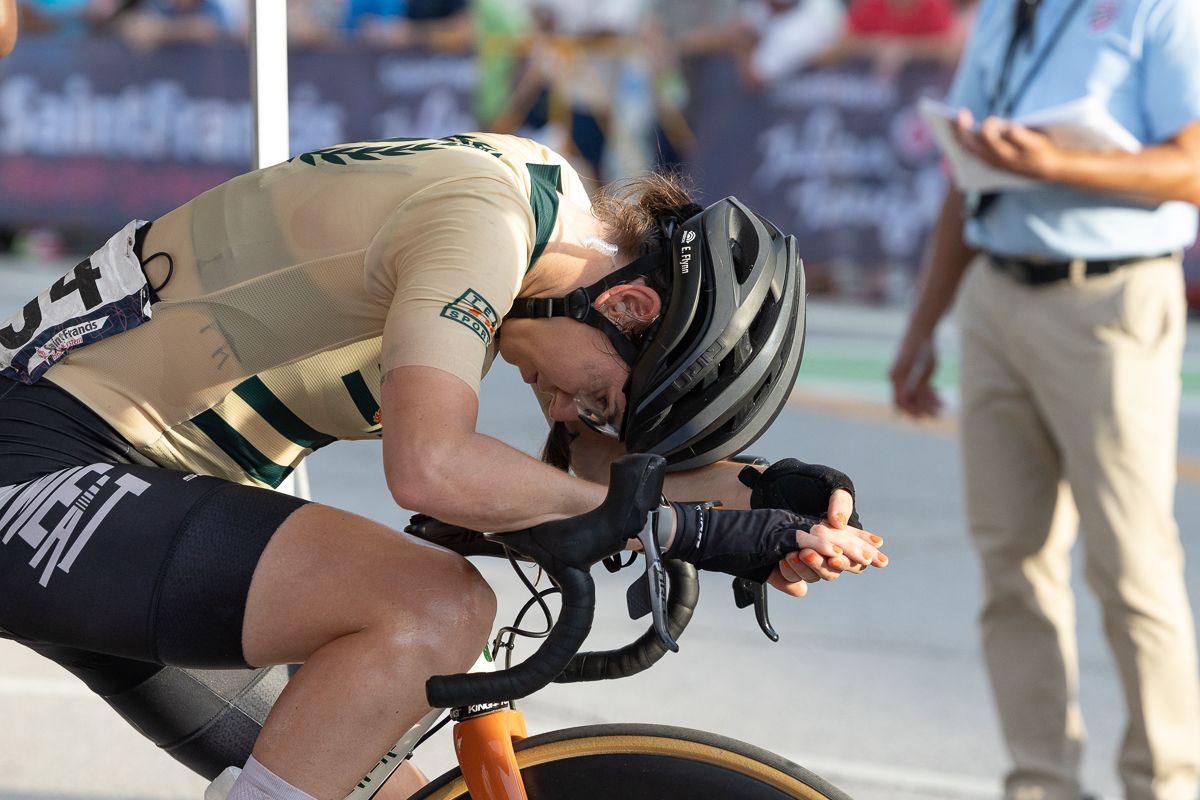 Emily Flynn (LA Sweat) ended up in the pit as a result of a massive crash halfway through the women's race. The race was neutralized and delayed for close to 20 minutes before racing resumed.
