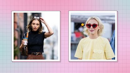 Emma Chamberlain's sunglasses: Emma pictured in NYC with sunglasses on her head, wearing brown trousers and black top as she walks down the street/ alongside a picture of Emma in a yellow dress where red sunglasses as she attends Copenhagen Fashion Week 2022/ in a pink, purple and green check template