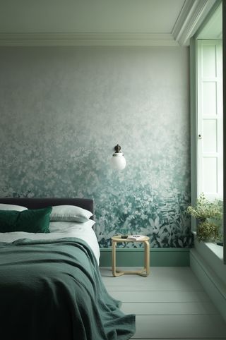 Green bedroom with Paint and Paper Library Botany Folia wallpaper