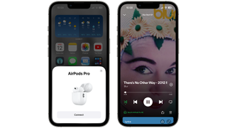 AirPods Pro 2 setup and Spotify playing Blur with AirPods Pro 2 showing