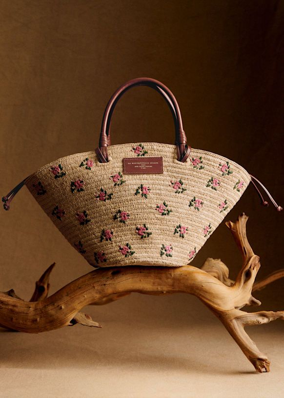 Justine Basket Bag - Embroidered Pink Flowers Raffia - Raffia - Sézane