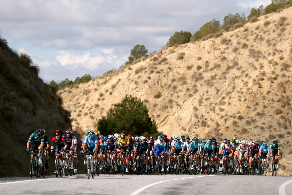 CHICLANA DE SEGURA SPAIN FEBRUARY 20 A general view of Wouter Poels of Netherlands and Team Bahrain Victorious yellow leader jersey and the peloton compete during the 68th Vuelta A Andalucia Ruta Del Sol 2022 Stage 5 a 1644km stage from Huesa to Chiclana De Segura 870m 68RdS on February 20 2022 in Chiclana De Segura Spain Photo by Bas CzerwinskiGetty Images