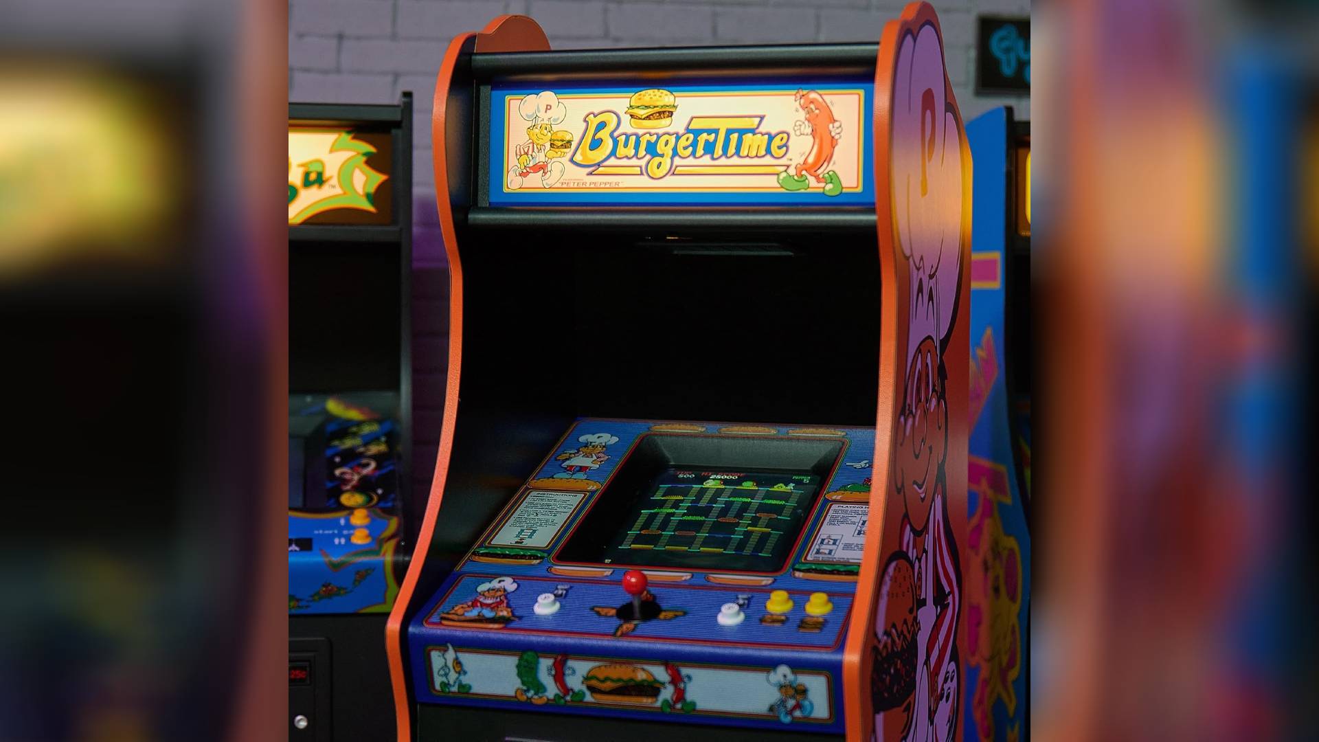 Quarter Arcades Burger Time front view with screen and glowing marquee.