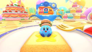 Kirby's Dream Buffet: Blue Kirby with hamburger hat.