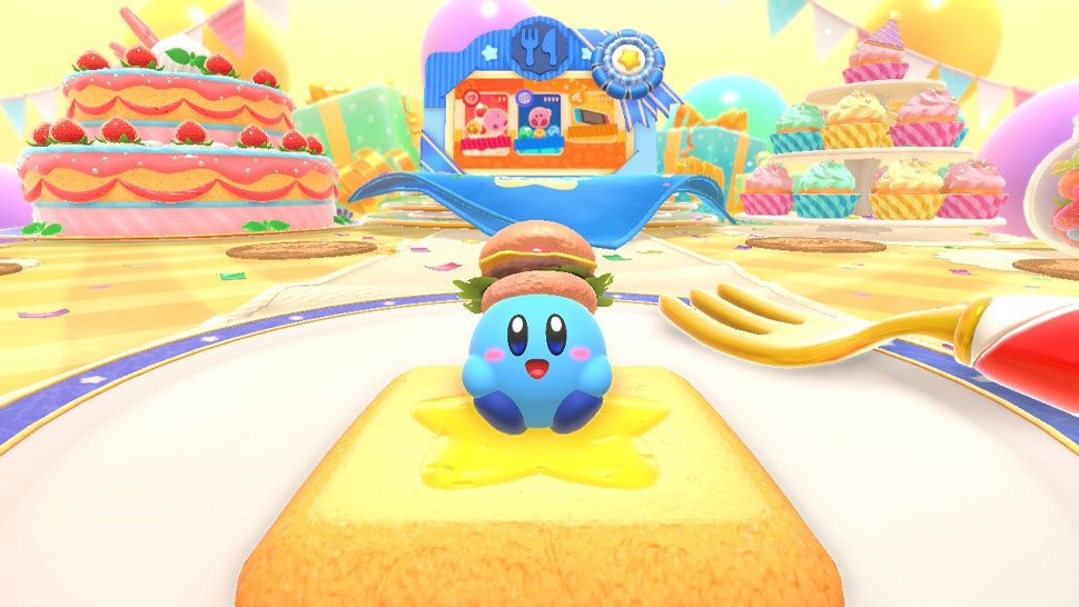 Kirby&#039;s Dream Buffet: Blue Kirby with hamburger hat.