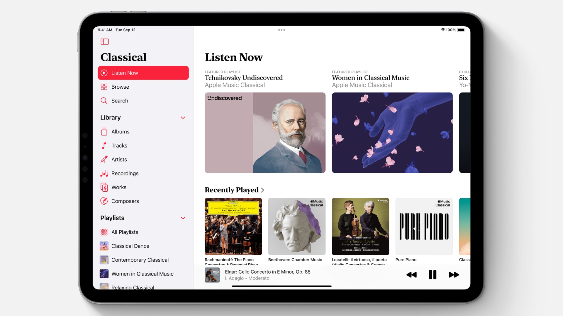 Apple Music Classical running on an iPad, showing the user interface of the app with library items like playlists and artists in the left-hand sidebar.