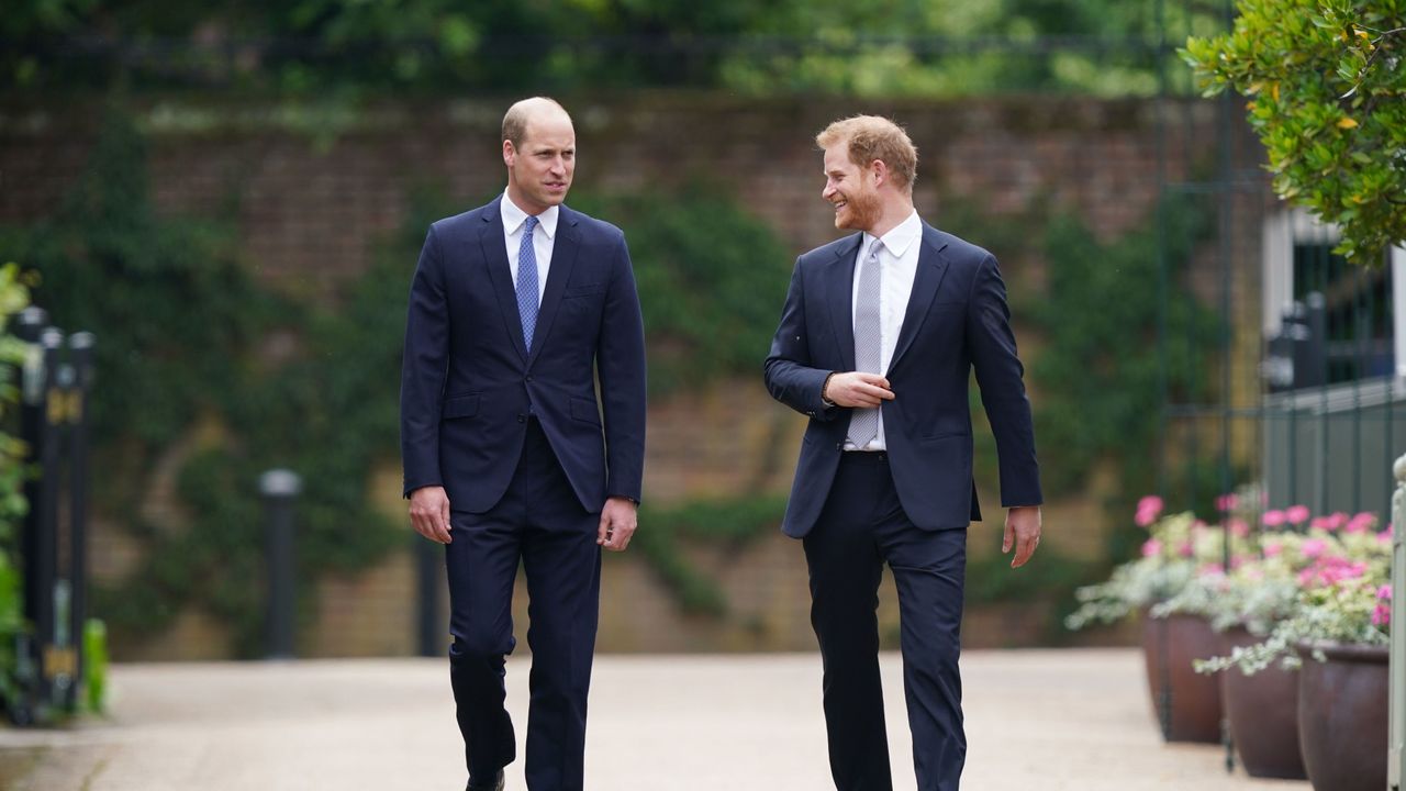 london, england july 01 prince william, duke of cambridge left and prince harry, duke of sussex arrive for the unveiling of a statue they commissioned of their mother diana, princess of wales, in the sunken garden at kensington palace, on what would have been her 60th birthday on july 1, 2021 in london, england today would have been the 60th birthday of princess diana, who died in 1997 at a ceremony here today, her sons prince william and prince harry, the duke of cambridge and the duke of sussex respectively, will unveil a statue in her memory photo by yui mok wpa poolgetty images