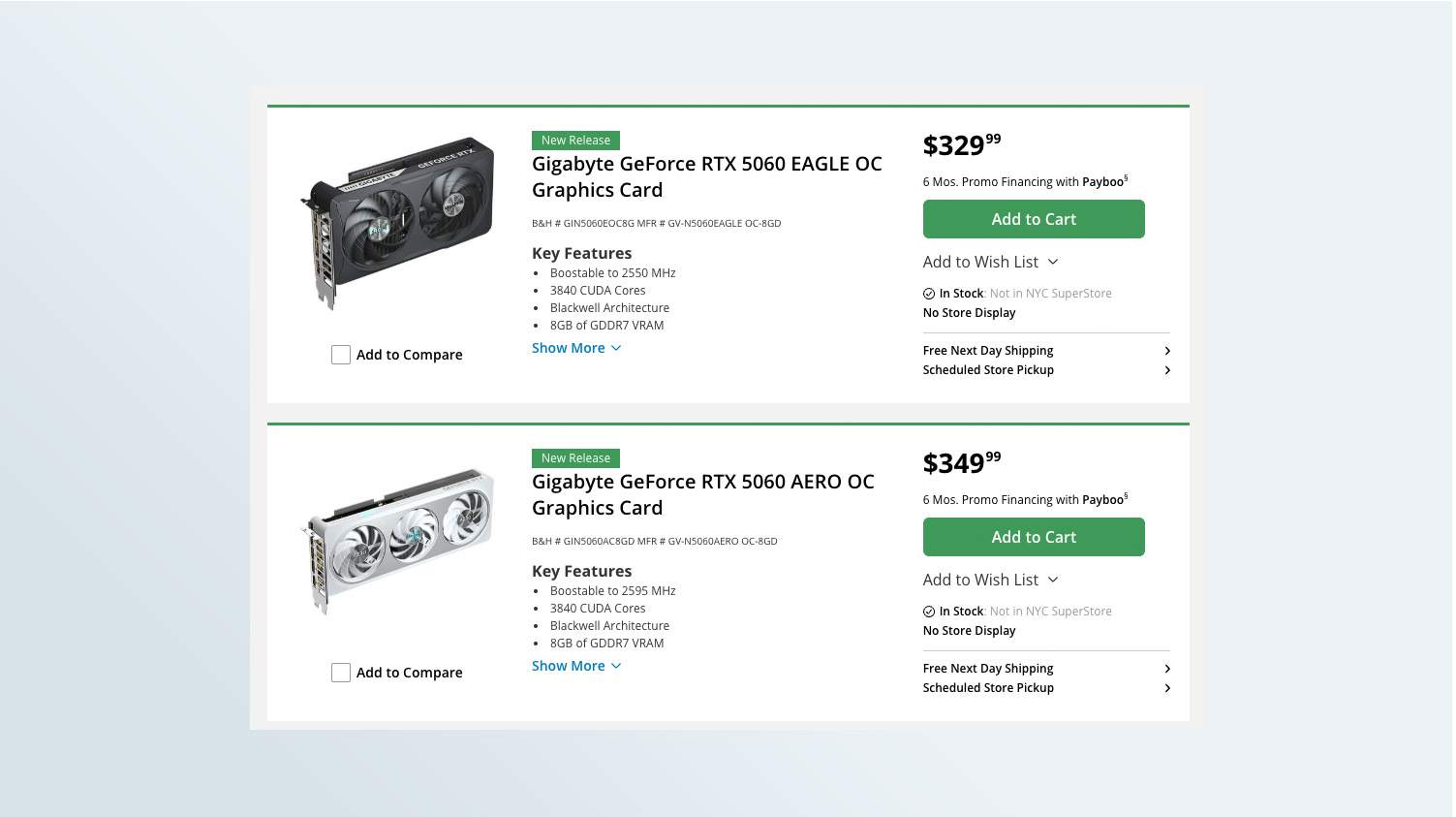 RTX 5060 listing at B&H