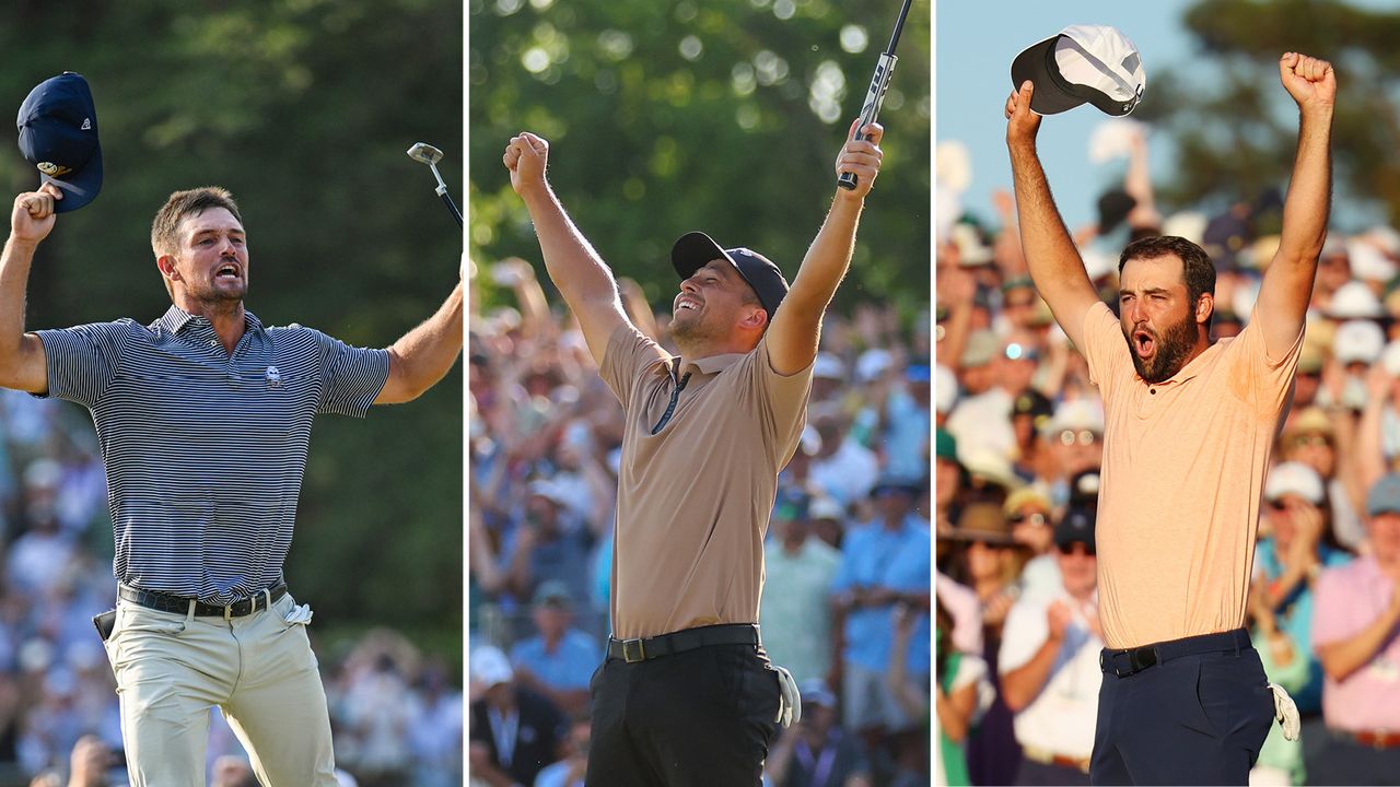 Scottie Scheffler, Xander Schauffele and Bryson DeChambeau celebrate