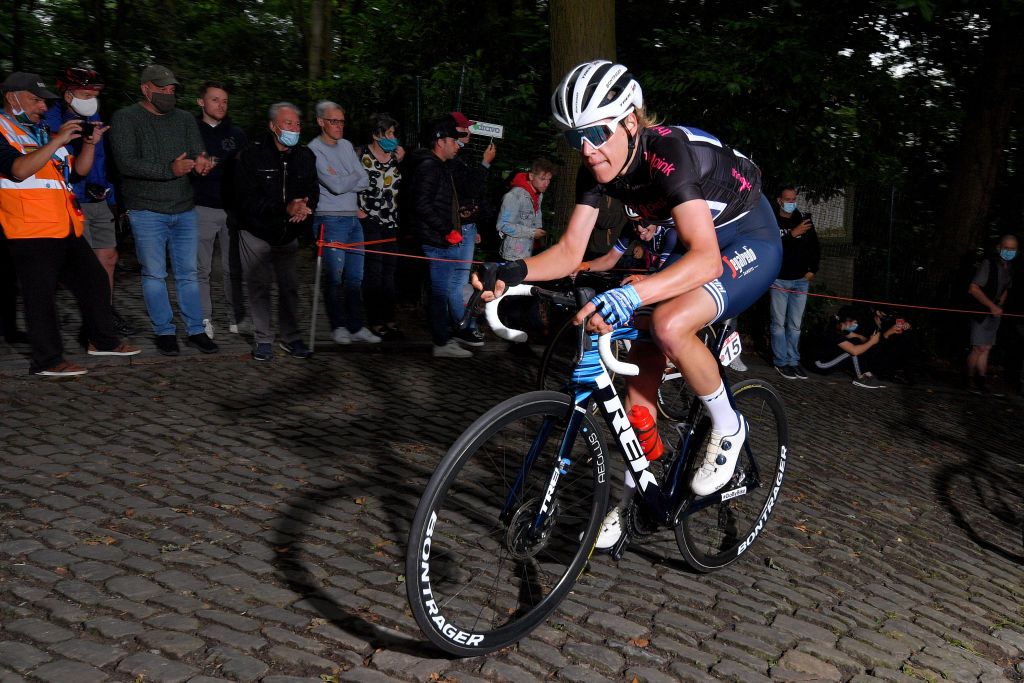GERAARDSBERGEN BELGIUM JUNE 25 Ellen Van Dijk of The Netherlands and Team Trek Segafredo Black Queen of the Stones Jersey passing through Muur van Geraardsbergen cobblestones sector during the 9th Lotto Belgium Tour 2021 Stage 3 a 1011km stage from Geraardsbergen to Geraardsbergen 101m MuurKapelmuur LottoBelgTour LottoBelgiumTour on June 25 2021 in Geraardsbergen Belgium Photo by Luc ClaessenGetty Images