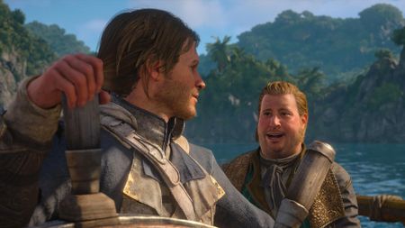 Pirate assassin Edward stands in the sunny Caribbean Assassin's Creed Black Flag Resynced speaking with merchant Stede Bonnet