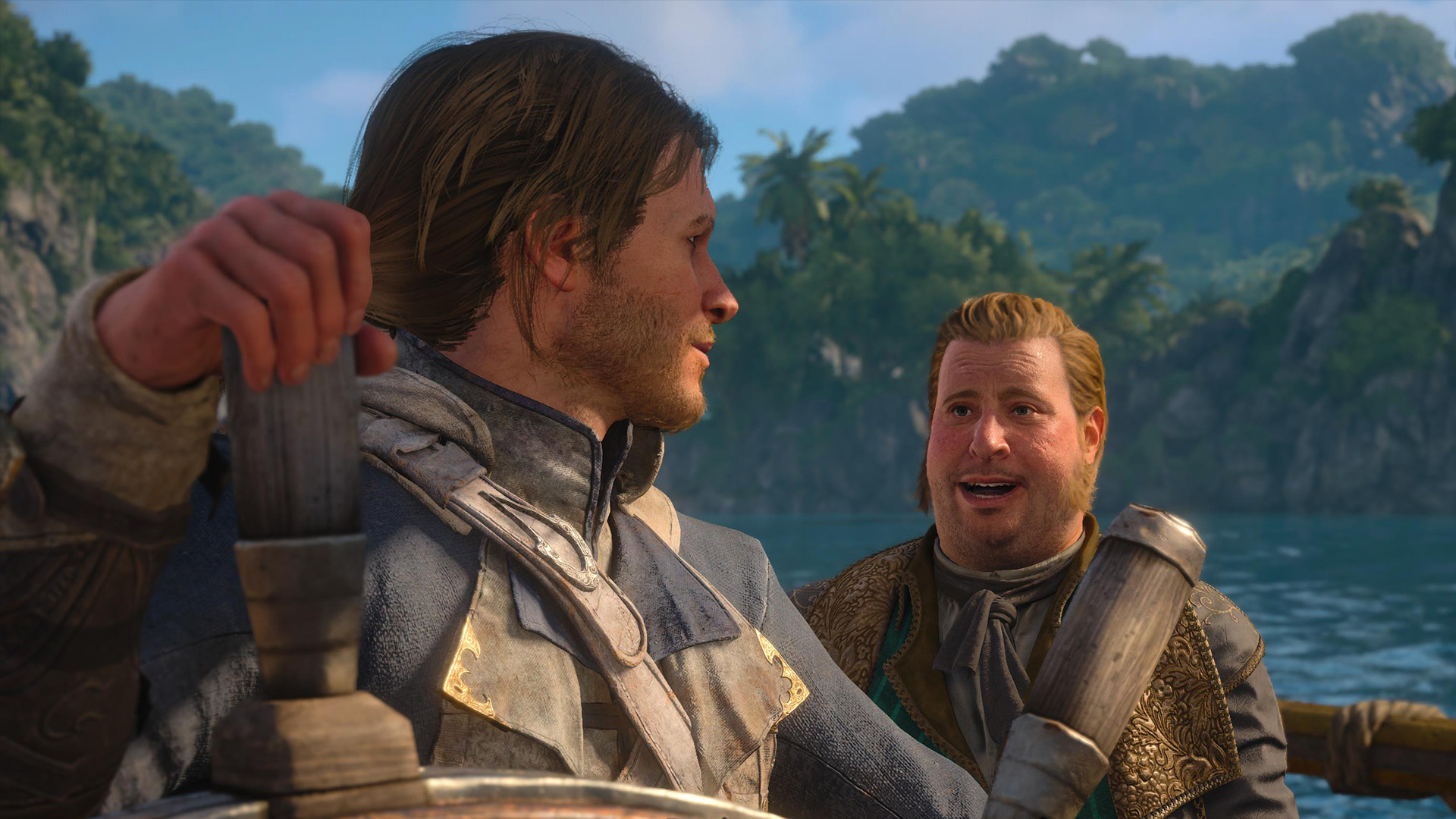 Pirate assassin Edward stands in the sunny Caribbean Assassin's Creed Black Flag Resynced speaking with merchant Stede Bonnet