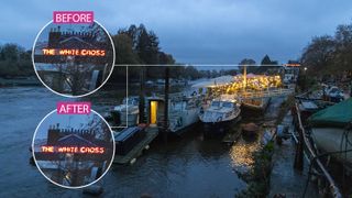 A low light scene taken in the blue hour at a high ISO of a river with boats on it with bright string lights. There are two circles louping in on a bar in the distance with the text 'The White Cross' with captions saying 'Before' and 'After' to show the difference in noise once AI Denoise has been applied to the image