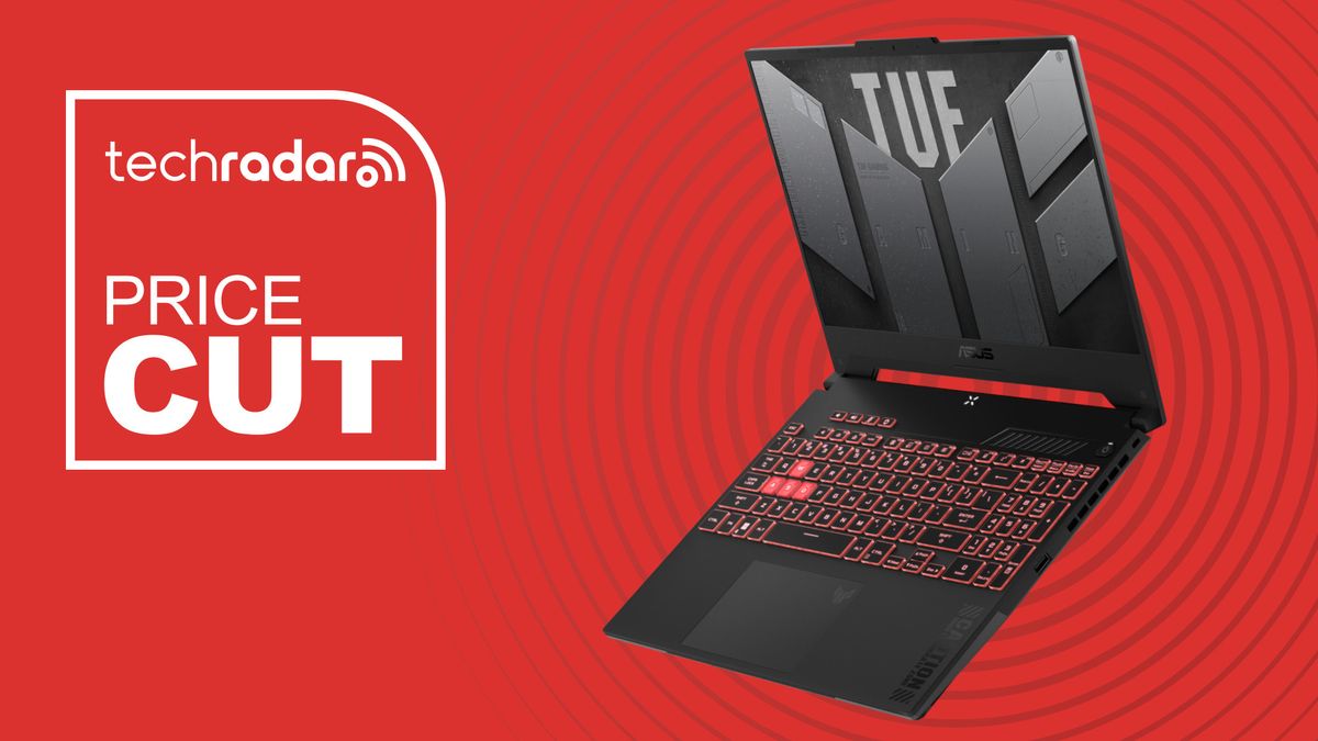 The Asus TUF Gaming A15 laptop on a red background with a TechRadar &#039;Price Cut&#039; badge.