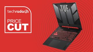 The Asus TUF Gaming A15 laptop on a red background with a TechRadar 'Price Cut' badge.