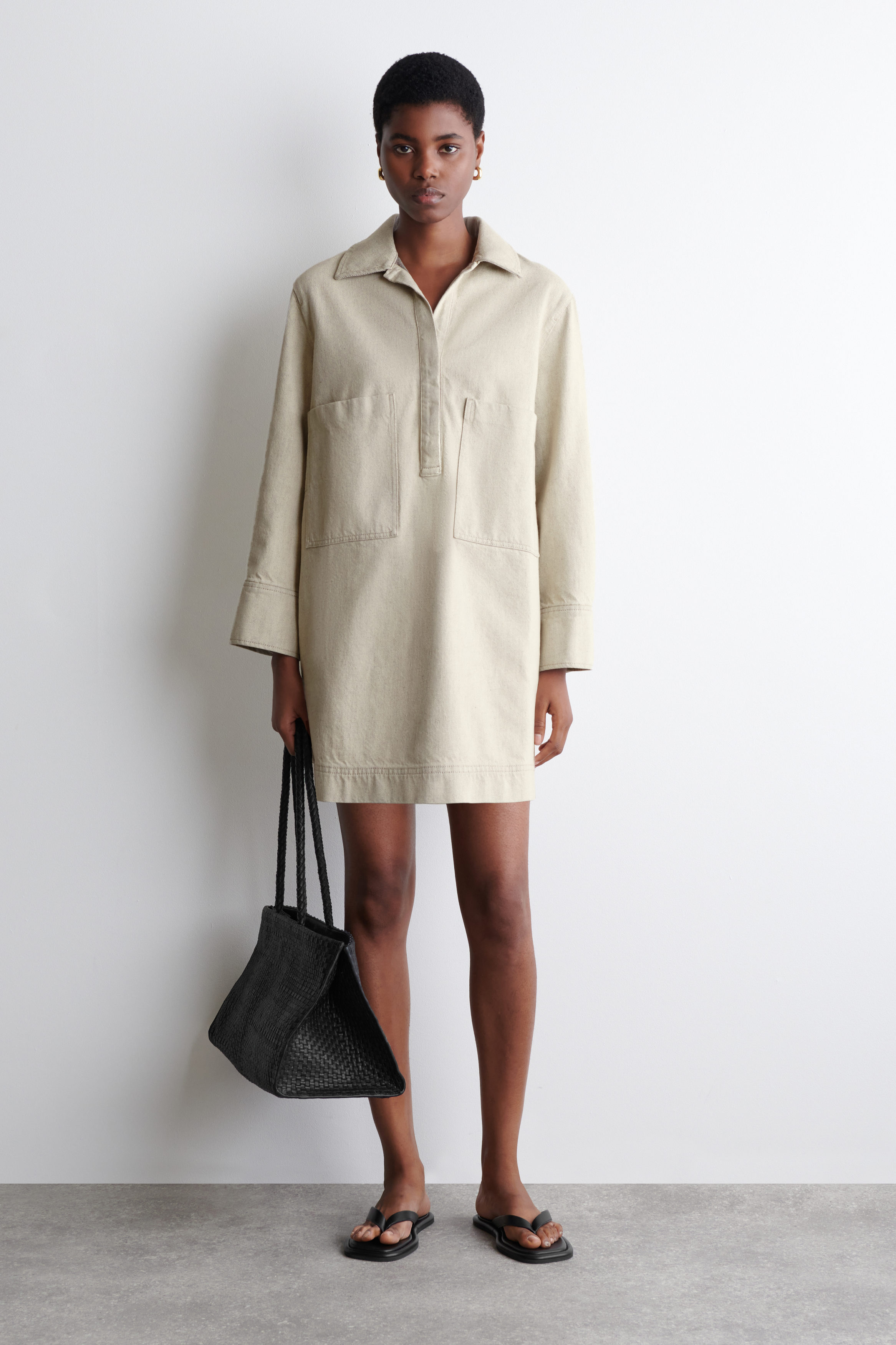 Open-Collar Denim Shirt Dress