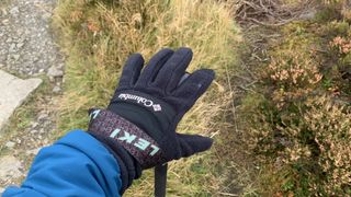 A hiker's hand wearing the Columbia Fast Trek III Fleece Gloves holding a trekking pole